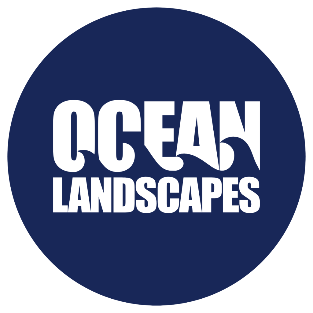 Ocean Landscapes logo featuring bold white typography on a navy blue circular background, representing the brand's identity within the interior design portfolio of Adonis Designs.